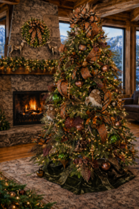 Beautifully curated Christmas tree in rustic mountain home.