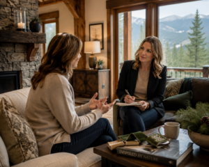 A holiday designer sits across from a homeowner in a rustic mountain home living room, taking notes and listening attentively as the homeowner describes her vision, Colorado mountain views visible through the windows behind them.