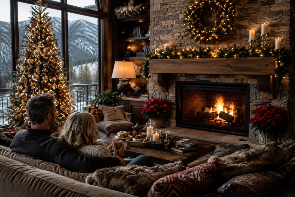 Couple relaxing by the fire in a professionally decorated mountain home for Christmas.
