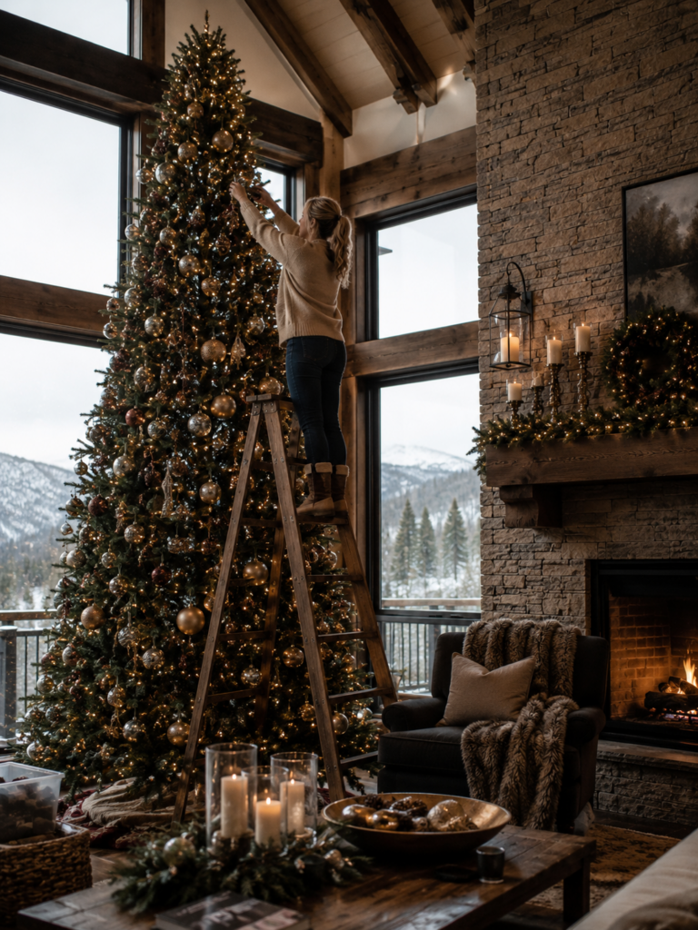 Woman on a ladder decorating a large Christmas tree in a mountain home before holiday guests arrive.
