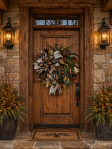 Custom holiday wreath designed to complement a rustic mountain home's architecture