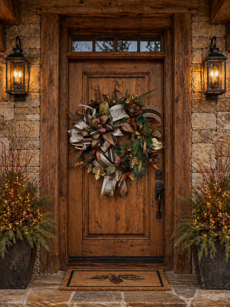 Custom holiday wreath designed to complement a rustic mountain home's architecture