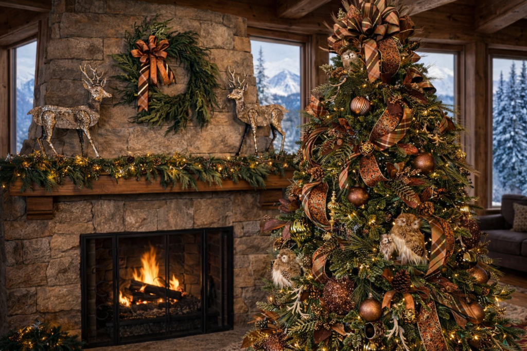 Rustic mountain home professionally decorated for the holidays in a warm and natural theme that pulls in the beauty of the surroundings