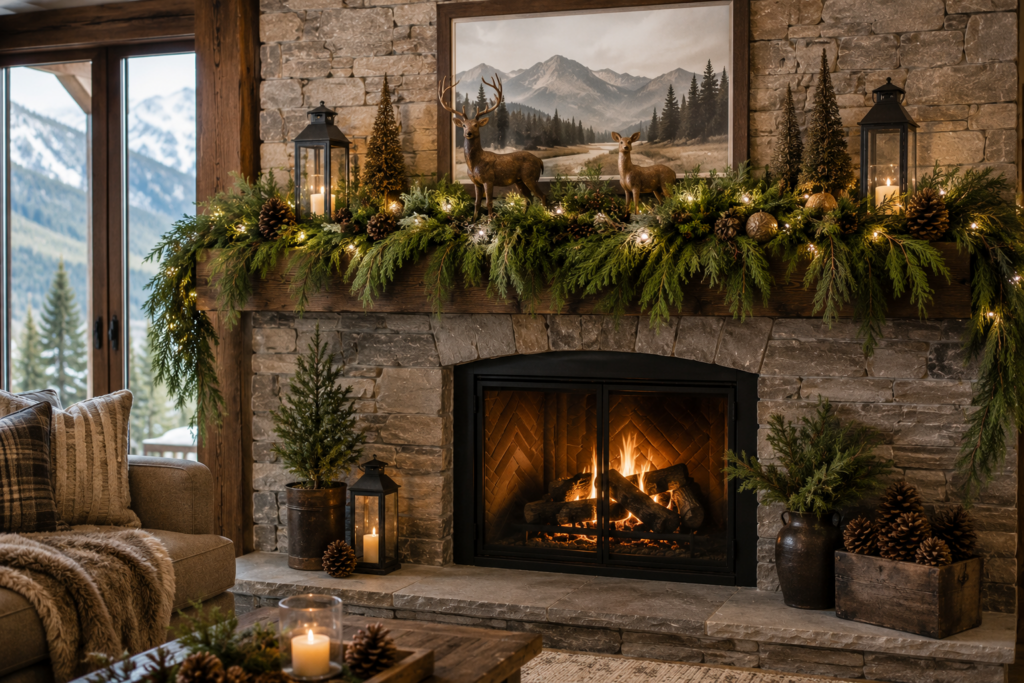 Stone fireplace mantel with lit evergreen garland, pinecones, lanterns, and deer figurines in a Colorado mountain vacation home at Christmas