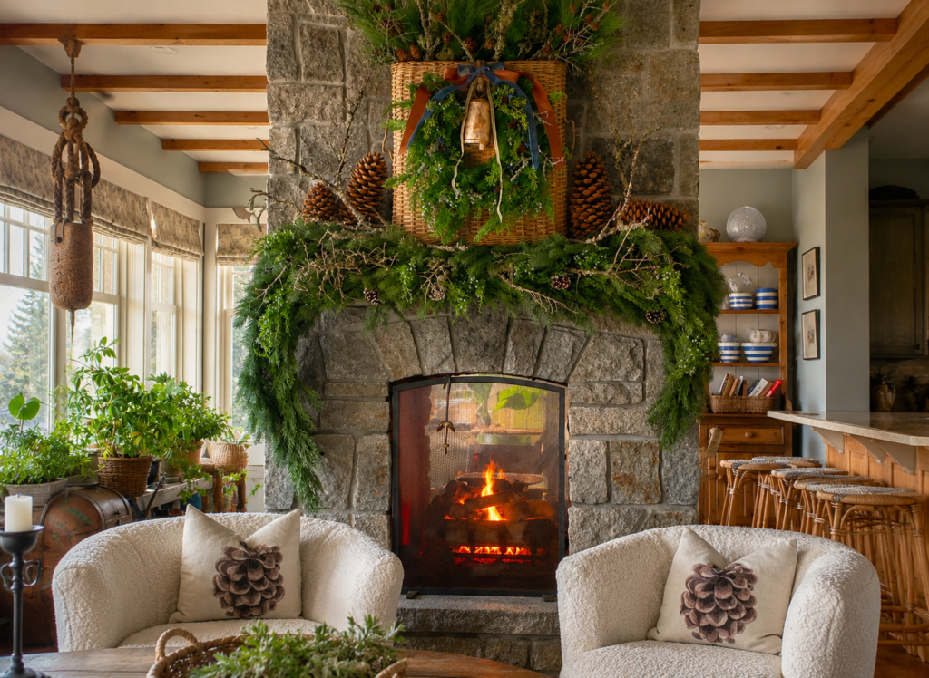 Stone fireplace with full, layered garland, pinecones, and wicker basket wreath in a Colorado mountain vacation home at Christmas