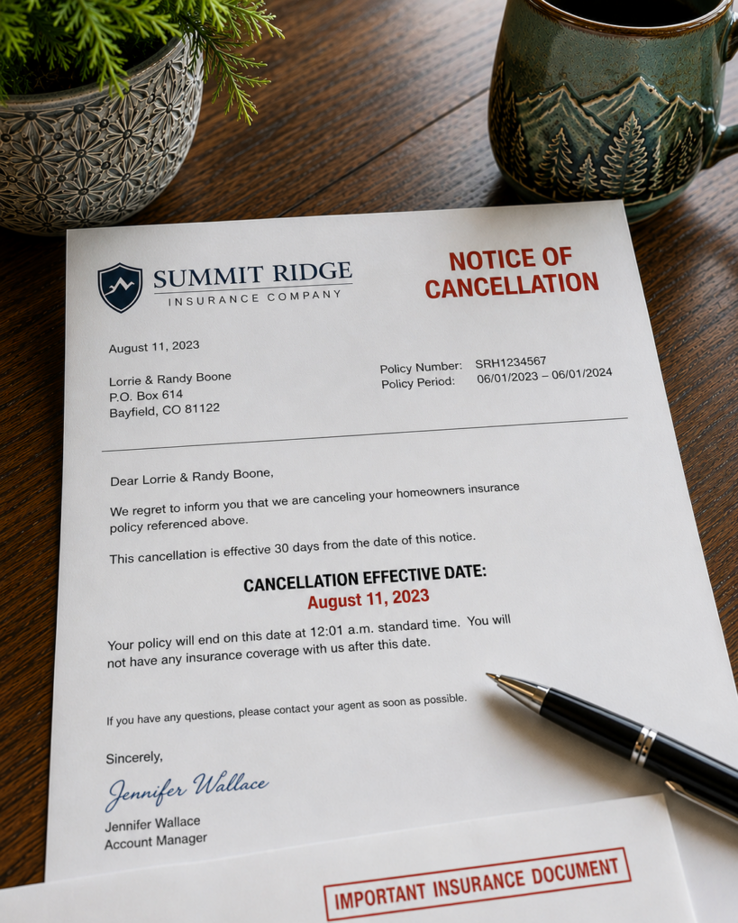 Notice of Cancellation letter similar to the one we received cancelling our homeowners insurance one month after closing on our dream home.