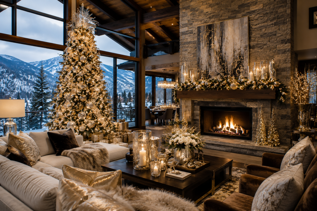Mountain modern great room with a glamorously decorated tree and mantel in white, champagne, gold and silver.