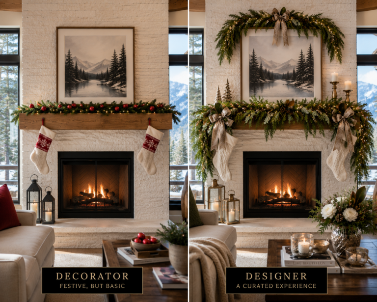 Side-by-side comparison of a mountain home fireplace decorated two ways — left side shows a festive but basic holiday look with red ornaments and striped stockings, right side shows an elevated designer approach with lush layered garland, ribbon bows, brass candlesticks, and white roses, labeled Decorator versus Designer.