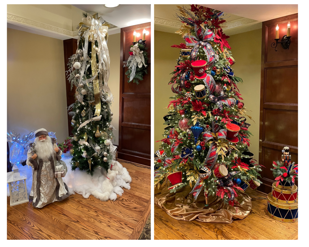 Same corner, before and after: a Christmas decorator's mismatched holiday décor vs a designer's redesign, scaled to the space — Birmingham Country Club.