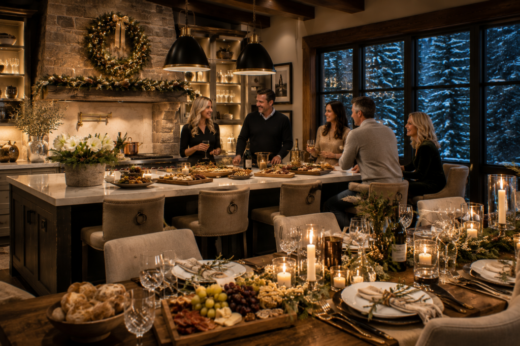 Mountain home professionally decorated for warm and welcoming holiday gatherings