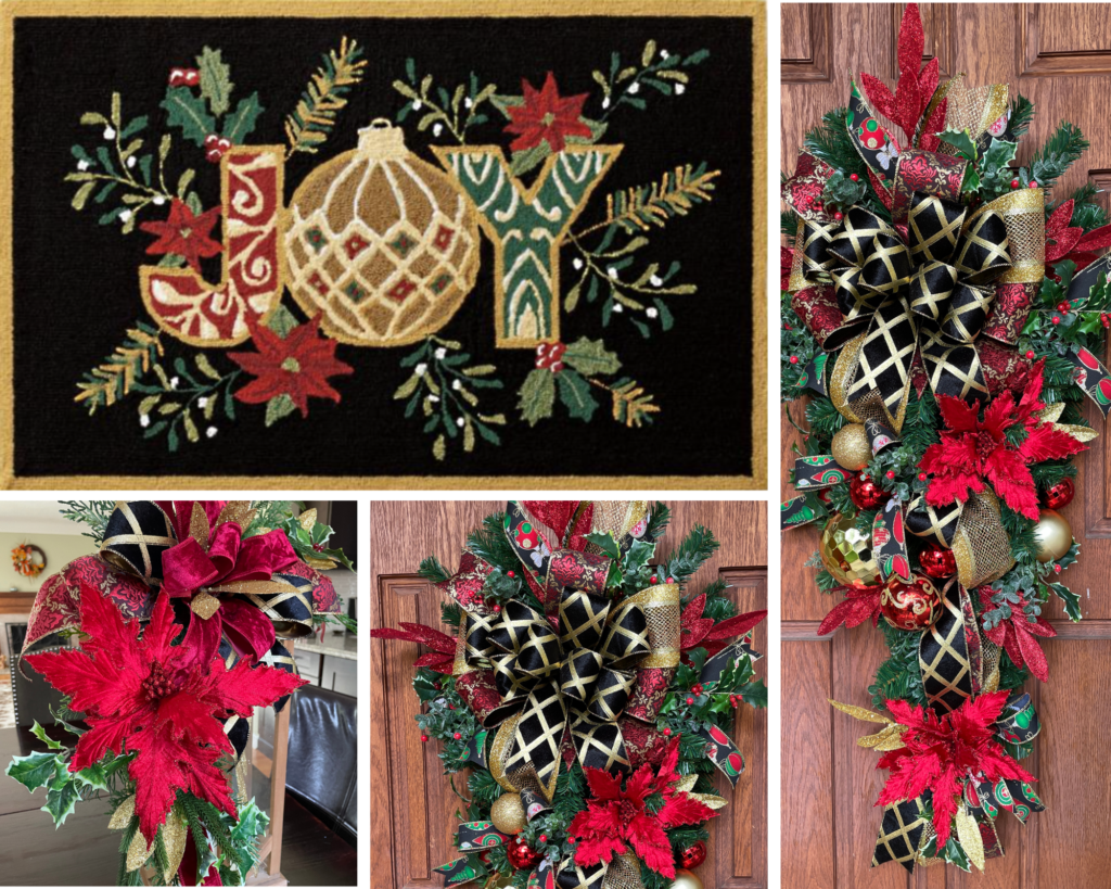 Custom Christmas door swag inspired by a Frontgate Joy doormat for a coordinated holiday entry design