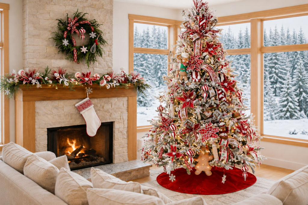 Mountain modern living room decorated by a professional holiday designer in a whimsical gingerbread and peppermint theme.
