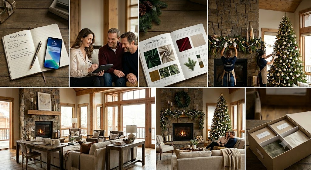 Collage of photos that show the overall design Process of Durango Holiday Home from Consultation, Design Process, Installation, Takedown & Storage