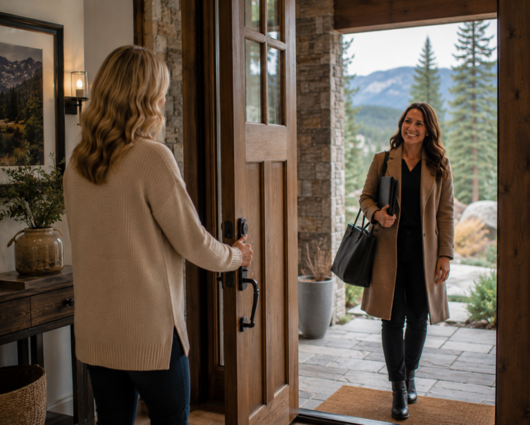 A homeowner opens the front door of a luxury mountain home to welcome a smiling, professionally dressed holiday designer arriving with a portfolio, Colorado mountain landscape visible in the background.