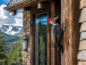 Woodpecker on the exterior of a rustic mountain home near Durango, Colorado