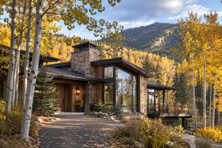Mountain Modern Home in the fall surrounded by golden Aspen trees