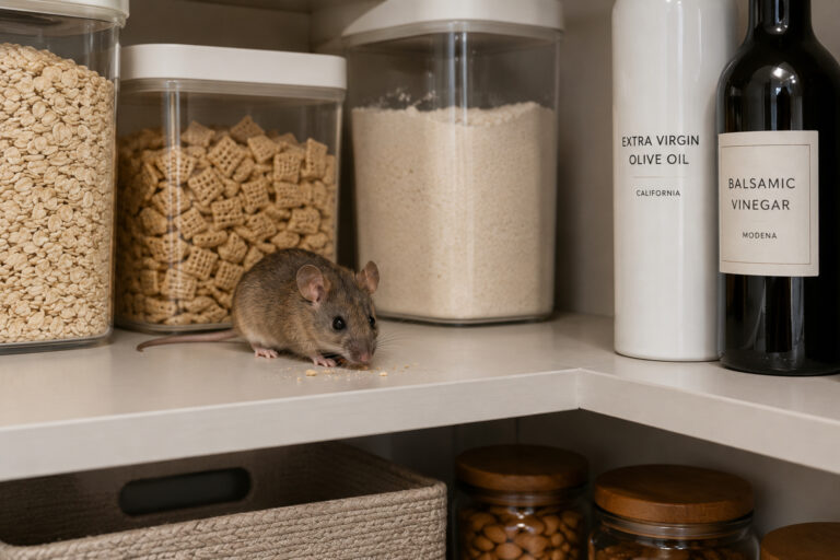 Small mouse nibbling on crumbs of a mountain modern home pantry