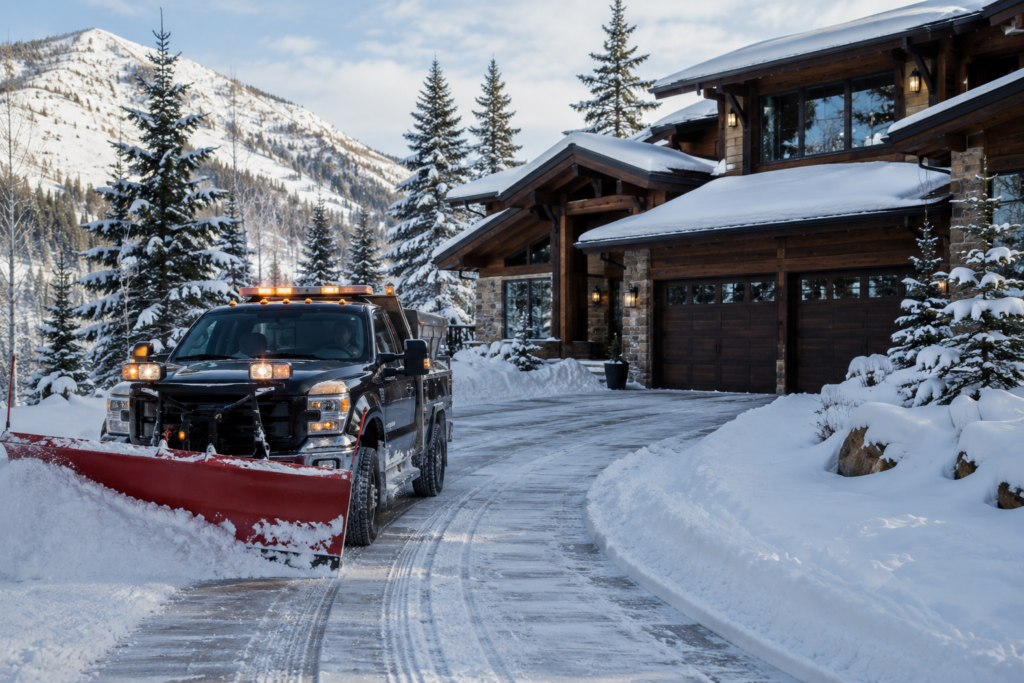 Snow plow removing snow from driveway of a beautiful mountain modern home