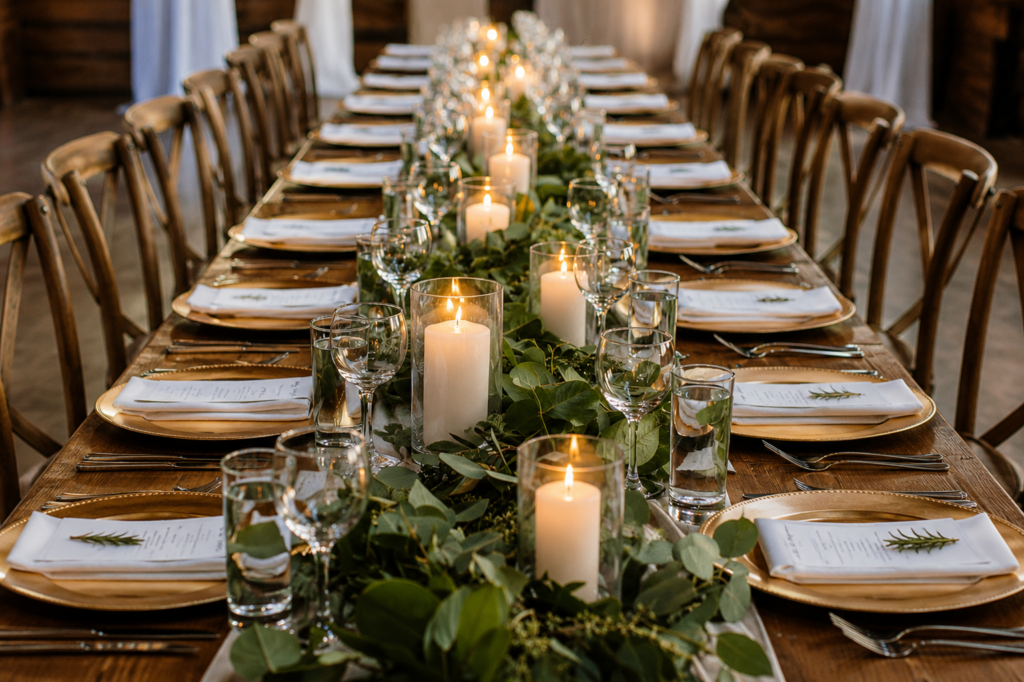 Simple, garland with glowing candles create an elegant table where guests gather and linger