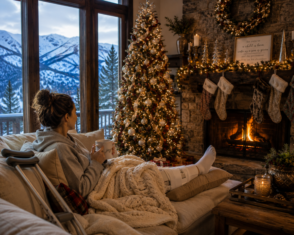 Woman with an injured knee recovering on the couch enjoying a beautifully decorated mountain home at Christmas