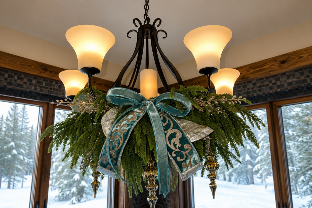Wrapping garland around hanging chandeliers, is an creative way to bring the holidays into secondary spaces - like above the tub in our master bath.