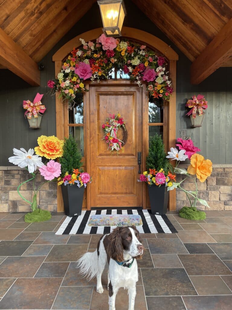 Our mountain home beautifully decorated for spring with layers of big, bright, welcoming flowers - and of course Bert, the self appointed head of the Boone Welcoming Committee.