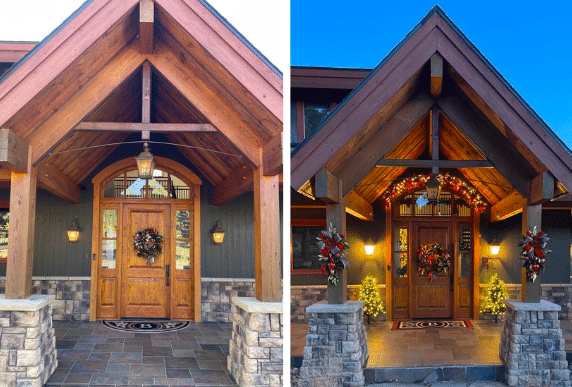The photo on the left is the first Christmas in our mountain home.  While the 30" wreath is pretty, on it's own, it feels small and underwhelming.  The photo on the right, is our second Christmas with layers of decor beyond a wreath that makes it far more interesting and festive.